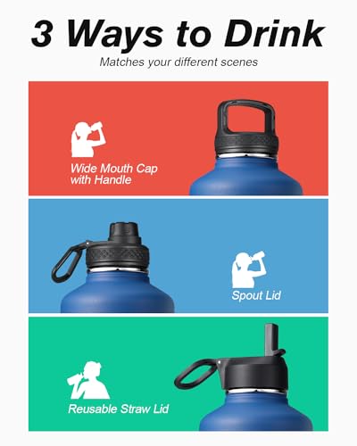 64 oz Insulated Stainless Steel Water Bottle with Straw & 3 Lids J2952