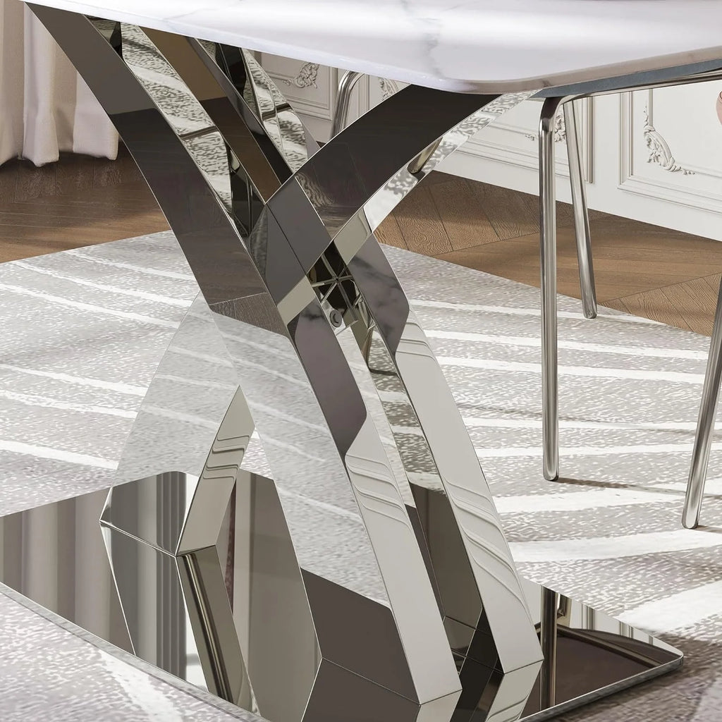 White Sintered Stone Dining Table for 6 with Stainless Steel Base G465219