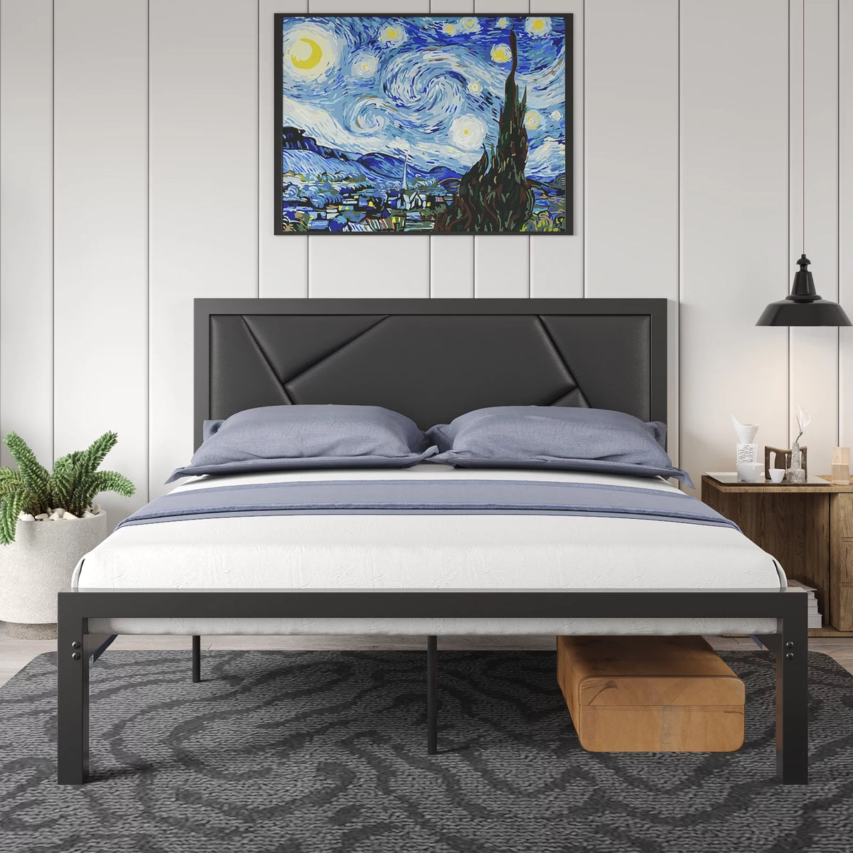 Queen Size Black Metal Bed Frame with Upholstered Headboard V96302