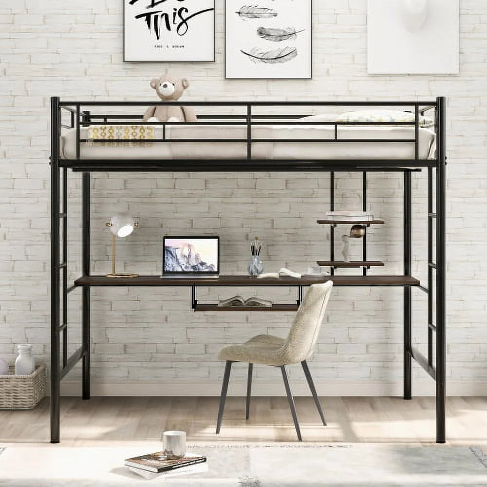 Full Black Loft Bed with Desk and Shelf E203