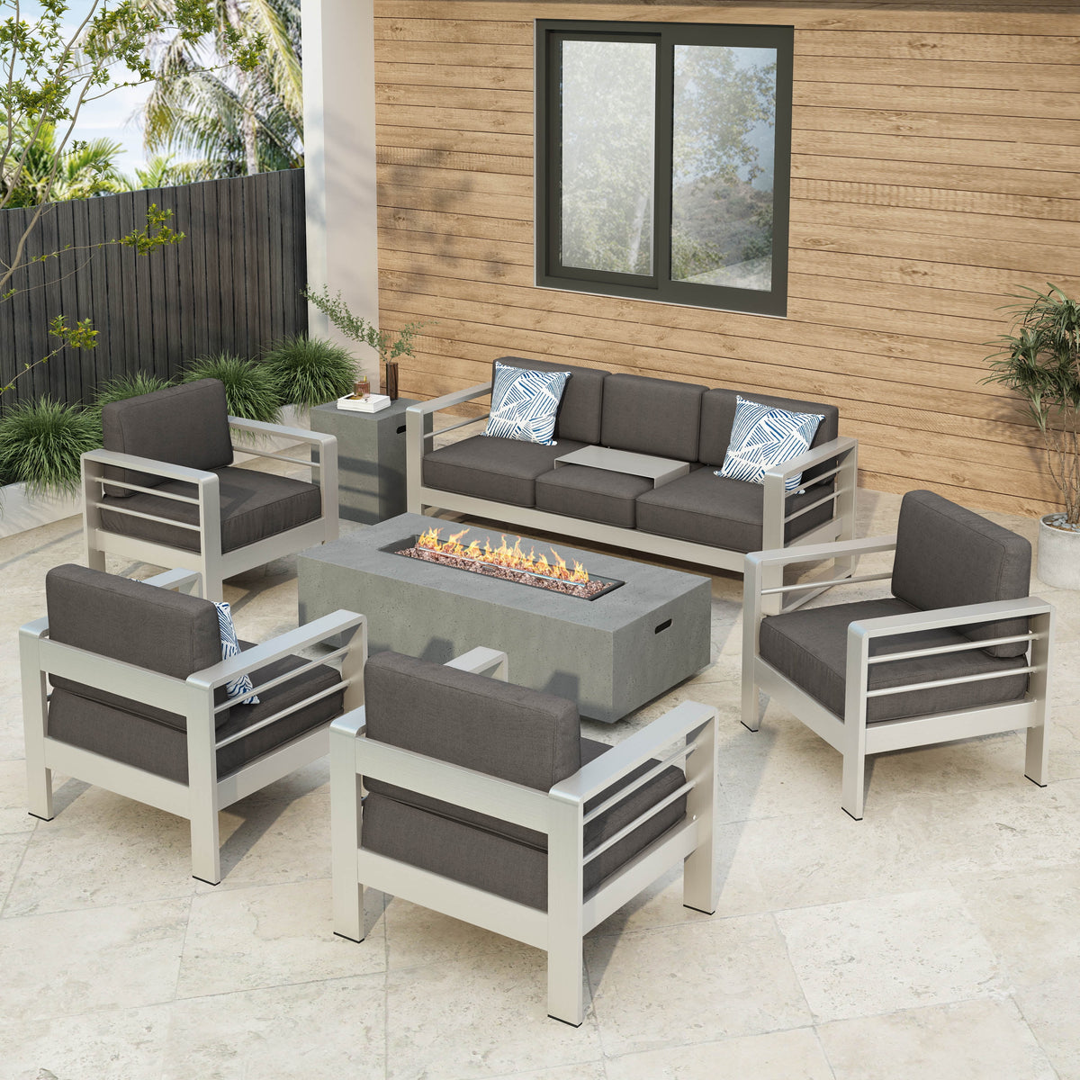 Light Gray and Gray 7 Seater Aluminum Chat Set with Fire Pit A630
