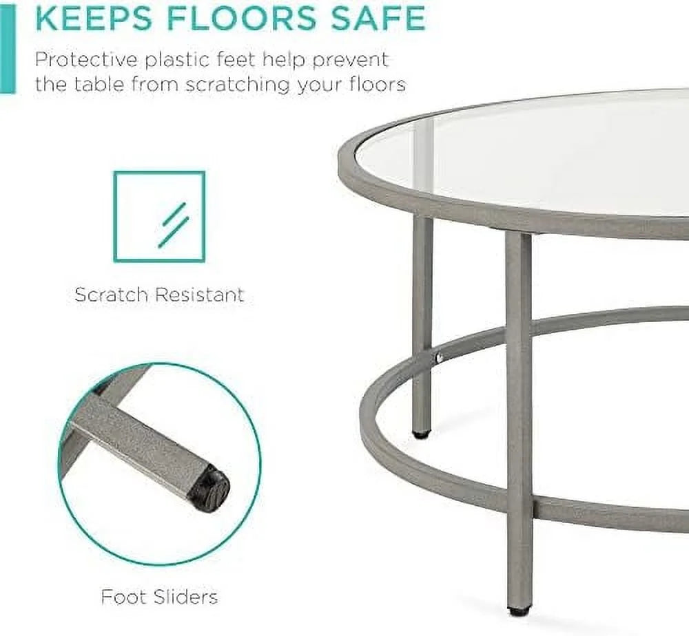 36in Round Tempered Glass Coffee Table with Metal Frame O829718
