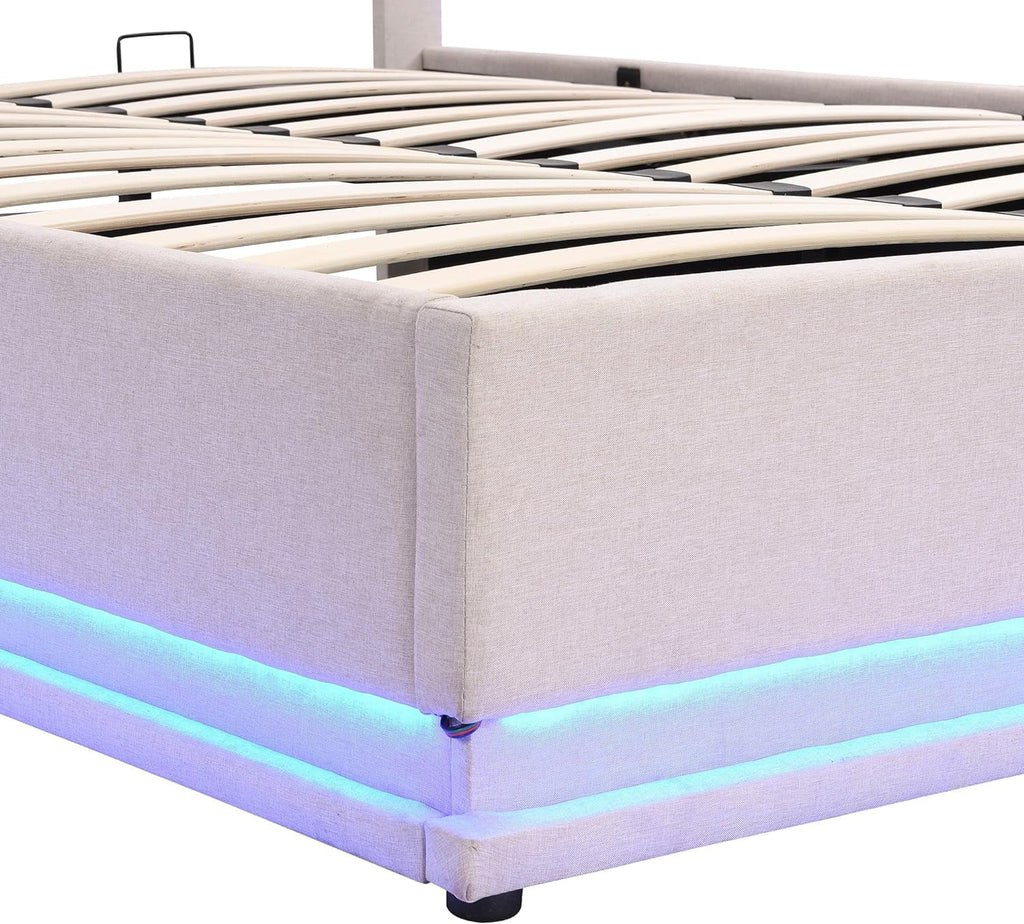 Queen Size Upholstered Lift Up Storage LED Bed with Tufted Headboard Beige Linen I42322