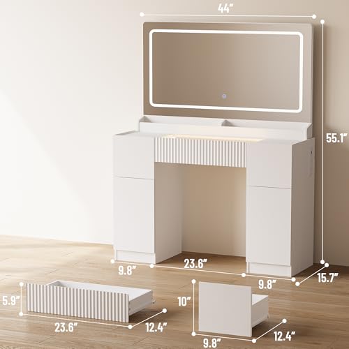 44" Pure White Vanity Desk with Mirror and Lights, 3 Drawers and 2 Cabinet U1502