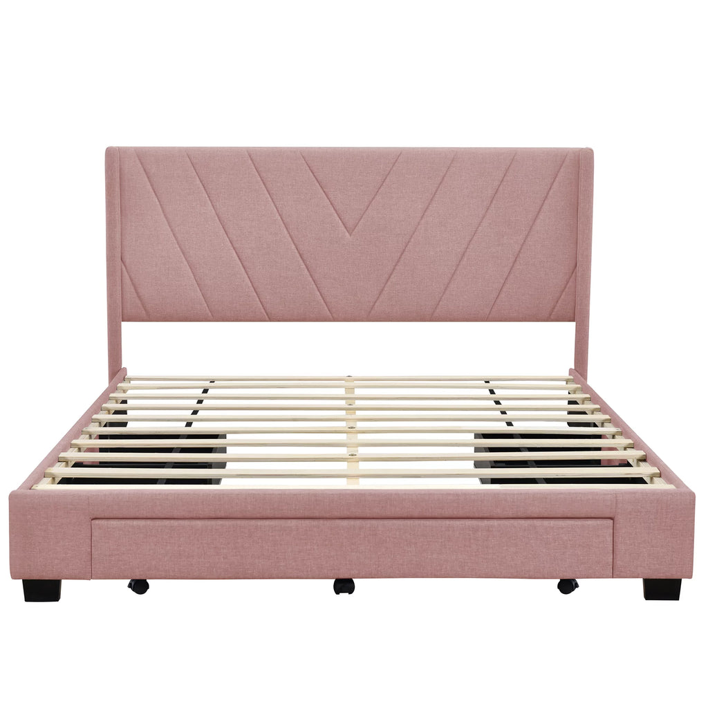 Queen Size Pink Linen Upholstered Platform Bed with 3 Storage Drawers Z18190