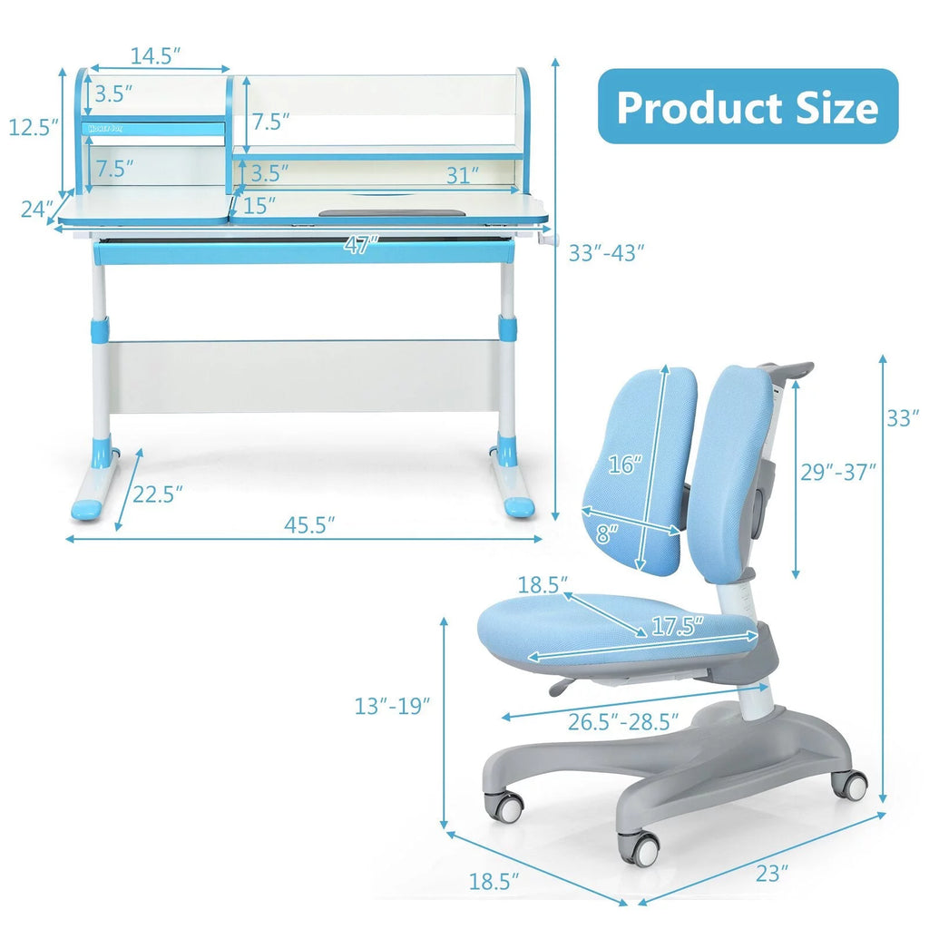 Blue Adjustable Kids Study Desk and Chair Set G3741