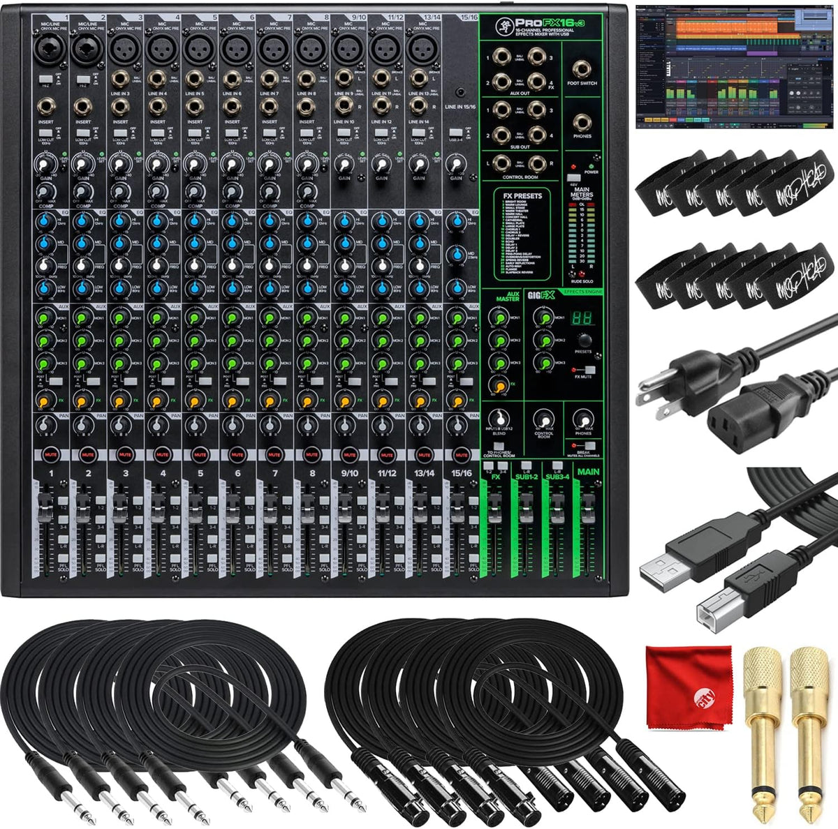 16-Channel Unpowered Mixer with TRS Cable, XLR Cable, Adapter and Cable Ties L654