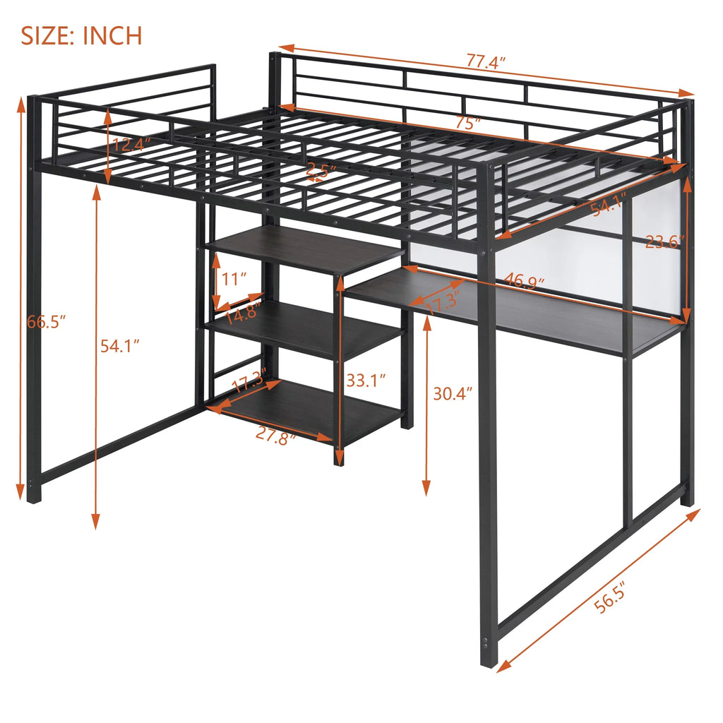 Full Size Black Metal Loft Bed with Desk and Whiteboard C523848