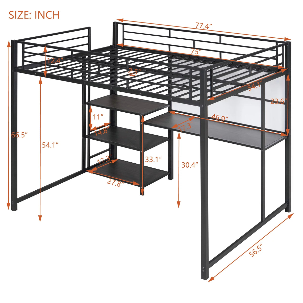 Full Size Black Metal Loft Bed with Desk and Whiteboard C523848