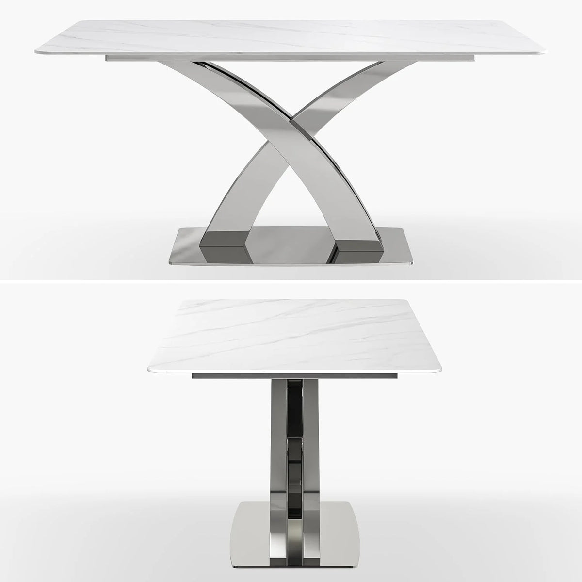 White Sintered Stone Dining Table for 6 with Stainless Steel Base G465219