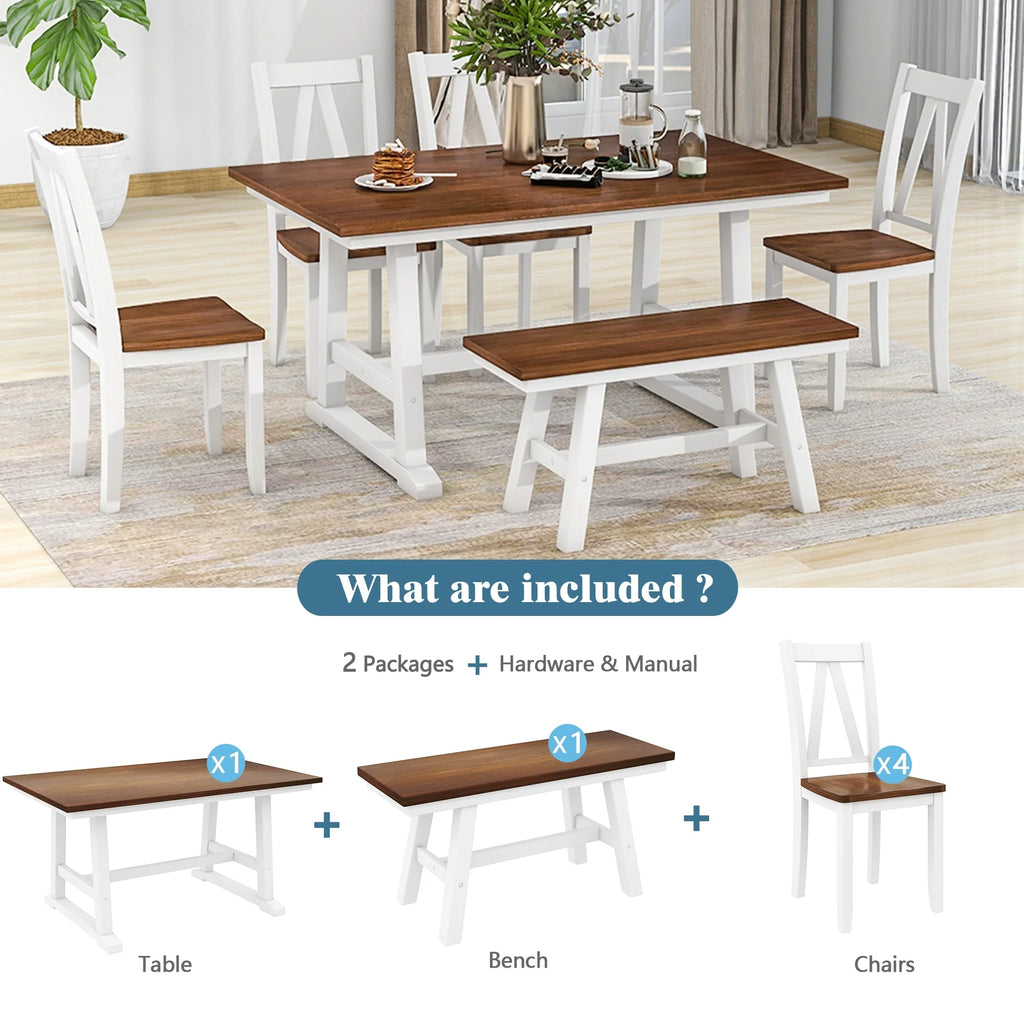White 6-Piece Wood Dining Table Set with Bench and Chairs J557