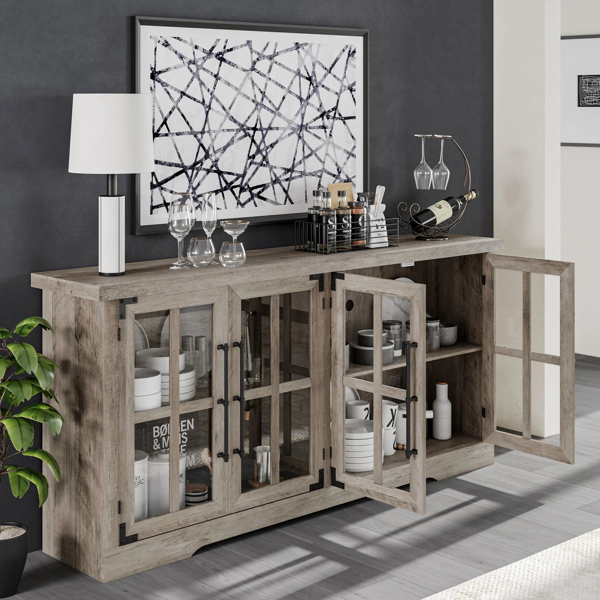 63" Rustic Grey Buffet Sideboard Cabinet with Storage I33028
