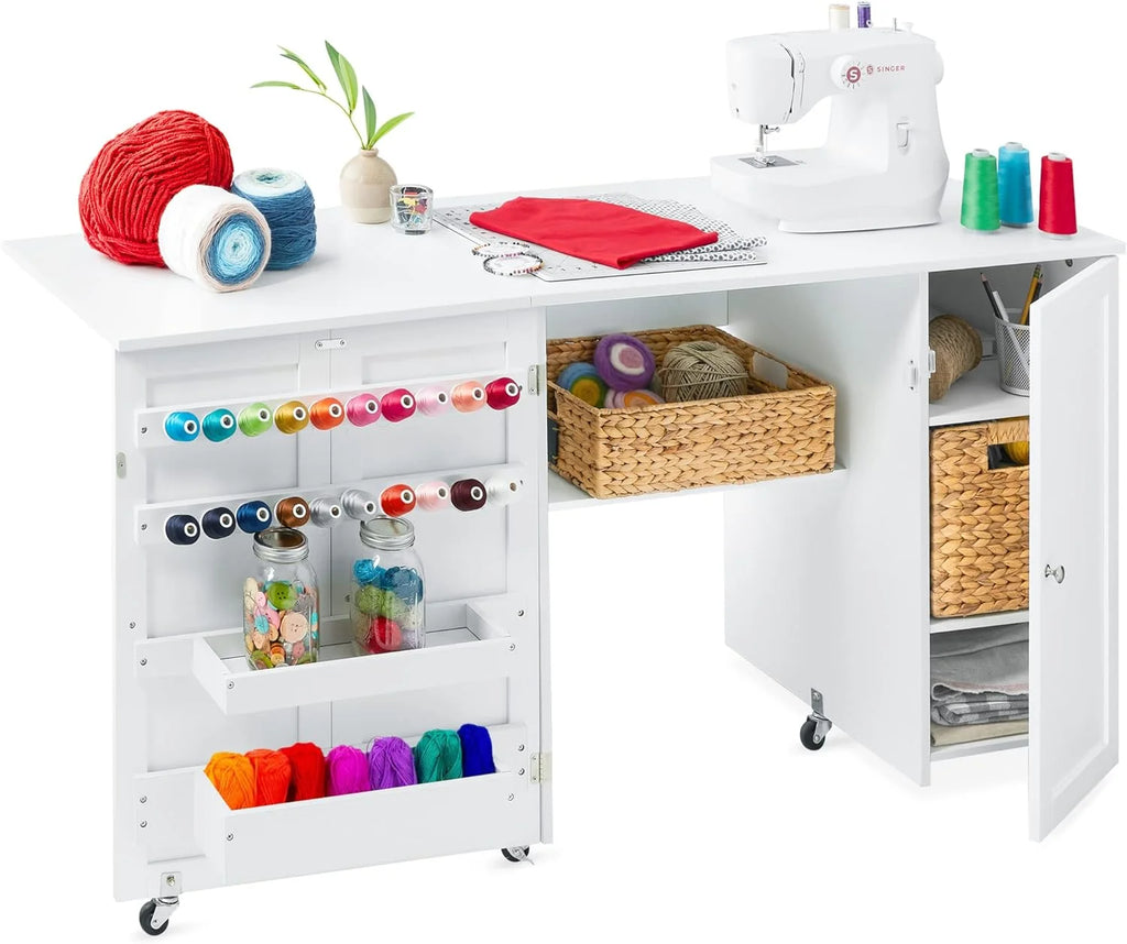 Large White Folding Sewing Table with Caster Wheels G21983