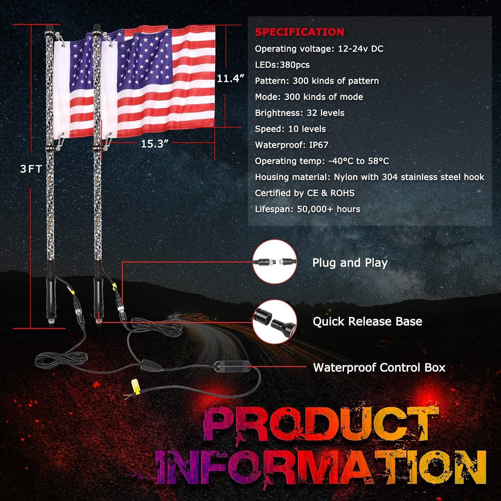 2PCS 3FT RGB LED Whip Lights with Spring Base RF Remote Controlled Q877