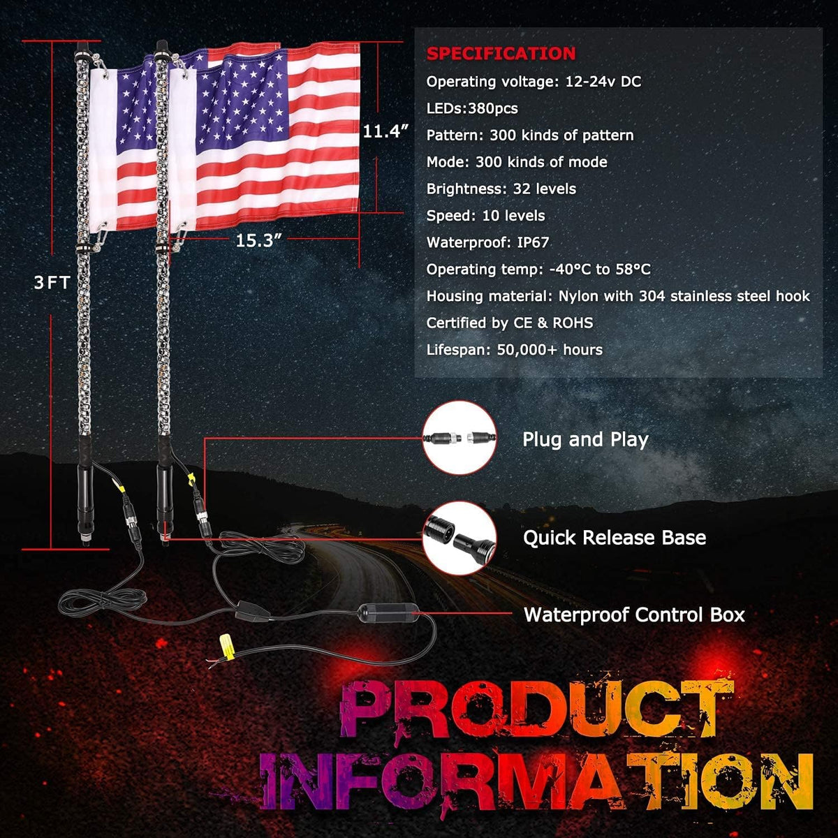 2PCS 3FT RGB LED Whip Lights with Spring Base RF Remote Controlled Q877