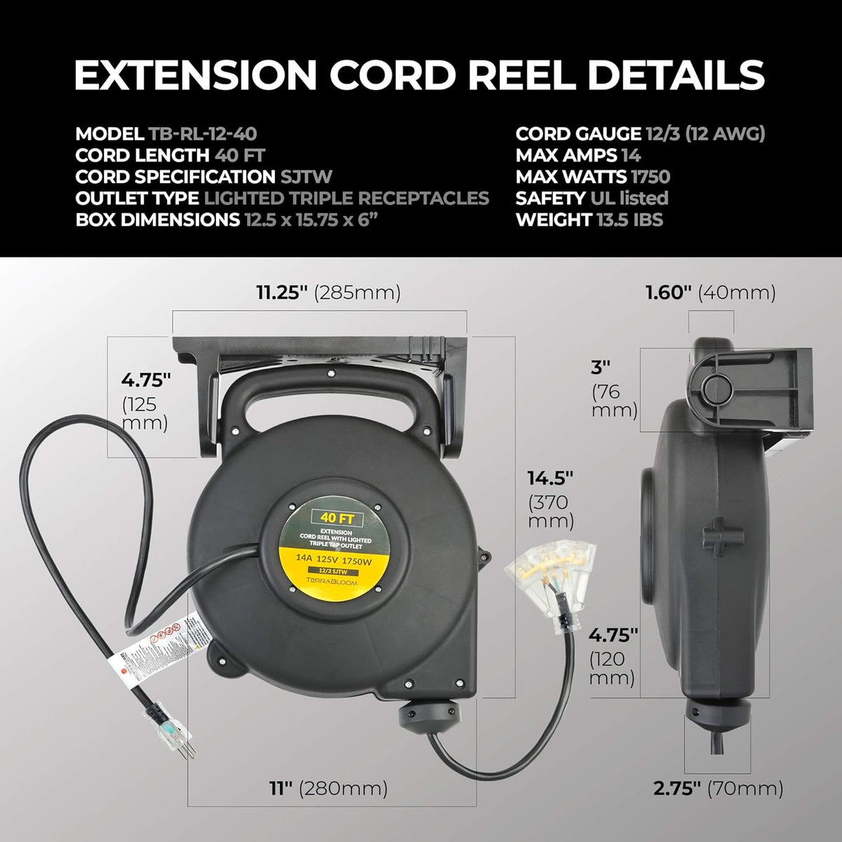 40 Ft 12/3 Retractable Extension Cord Reel with 3 Outlets G99800