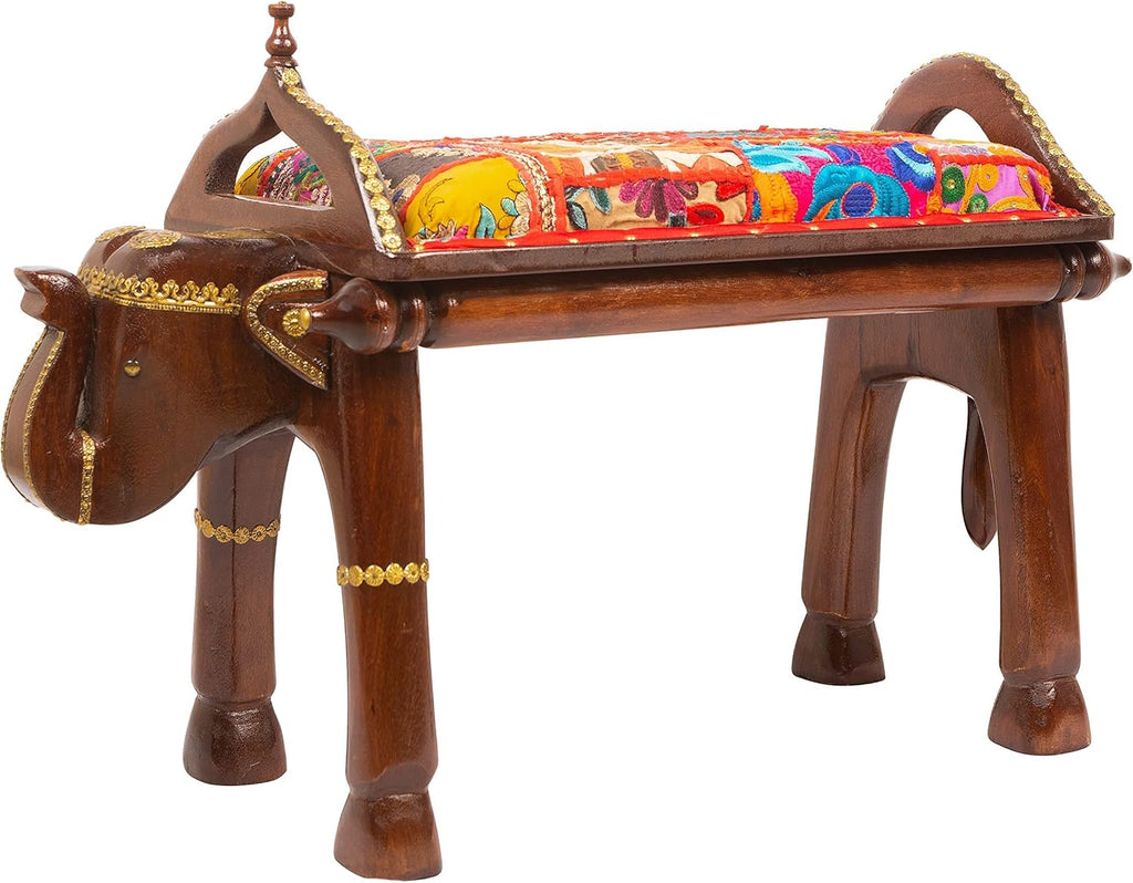 Hand Carved Wooden Coffee Table with Brass Column Accents A584