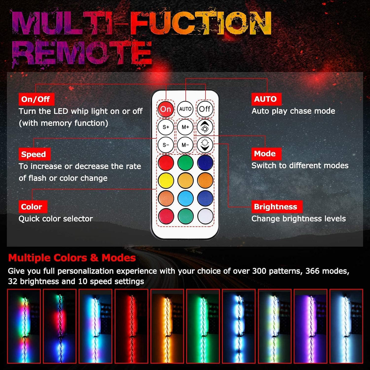 2PCS 3FT RGB LED Whip Lights with Spring Base RF Remote Controlled Q877