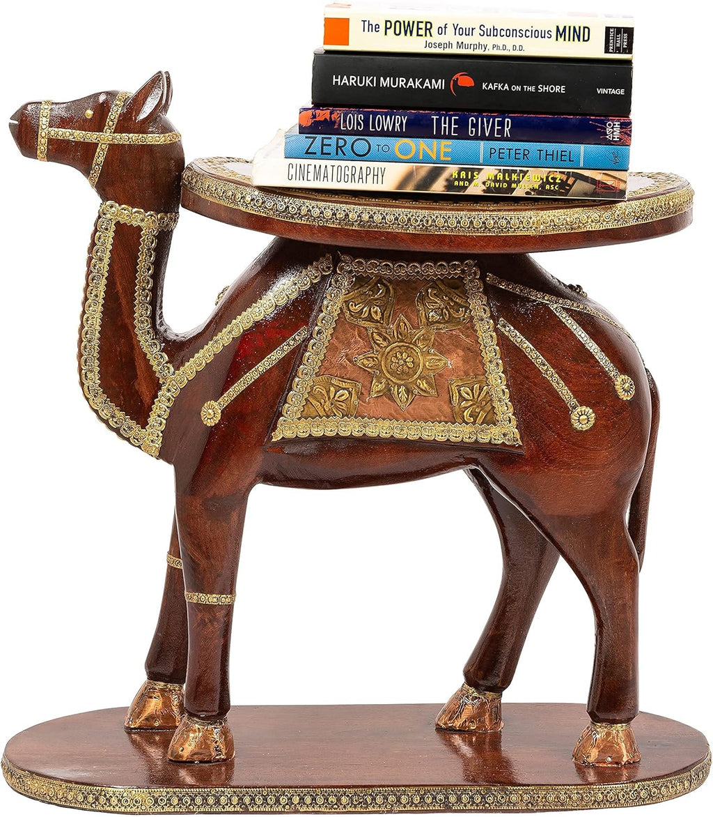 Hand Carved Wooden Coffee Table with Brass Column Accents A584