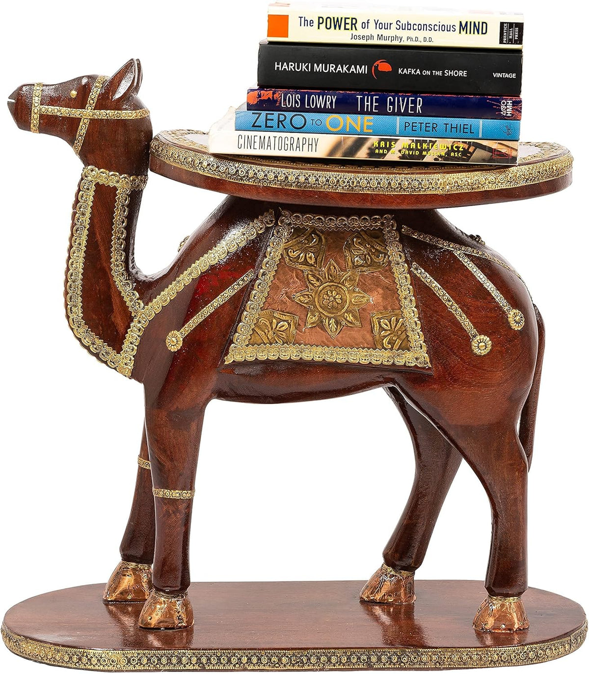 Hand Carved Wooden Coffee Table with Brass Column Accents A584