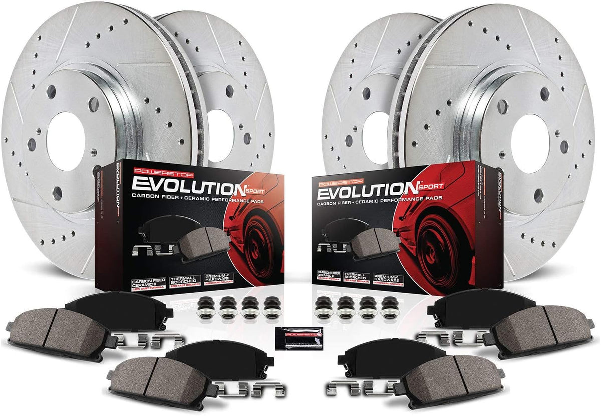 Front and Rear Carbon Fiber Brake Pads with Drilled & Slotted Brake Rotors Kit C85746