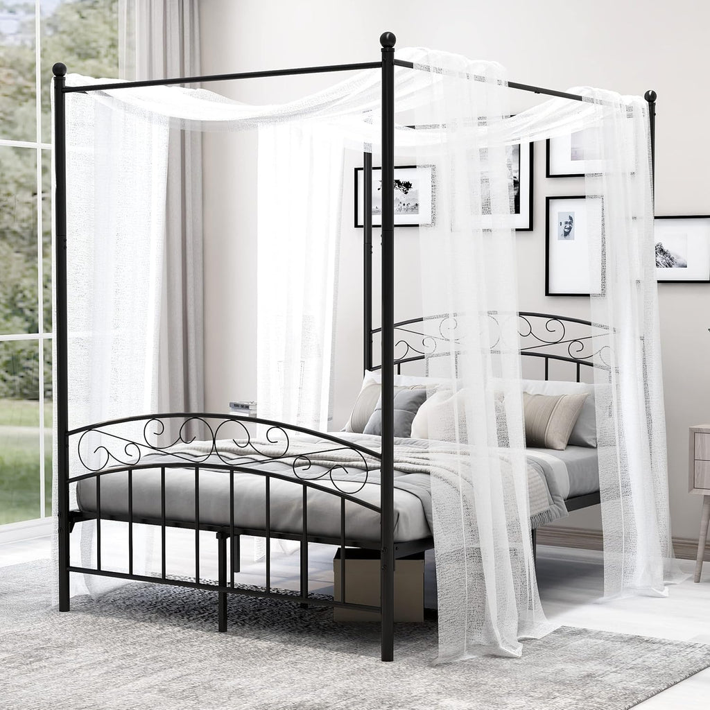 Queen Size Black Metal Canopy Bed Frame with Headboard V52120