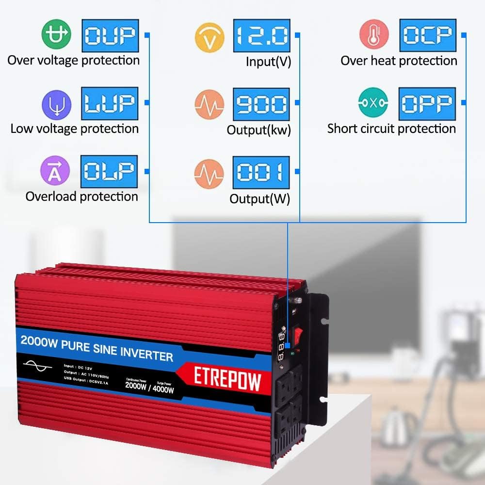 2000 Watt Pure Sine Wave Power Inverter 12V DC to 110V AC Q1610
