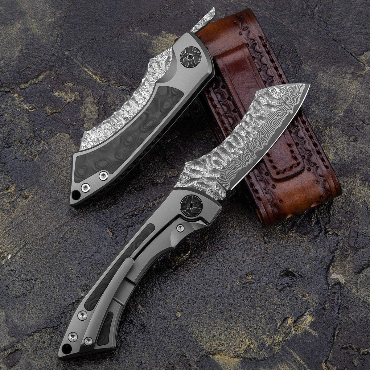 Damascus Steel Folding Pocket Knife with Leather Sheath T9304