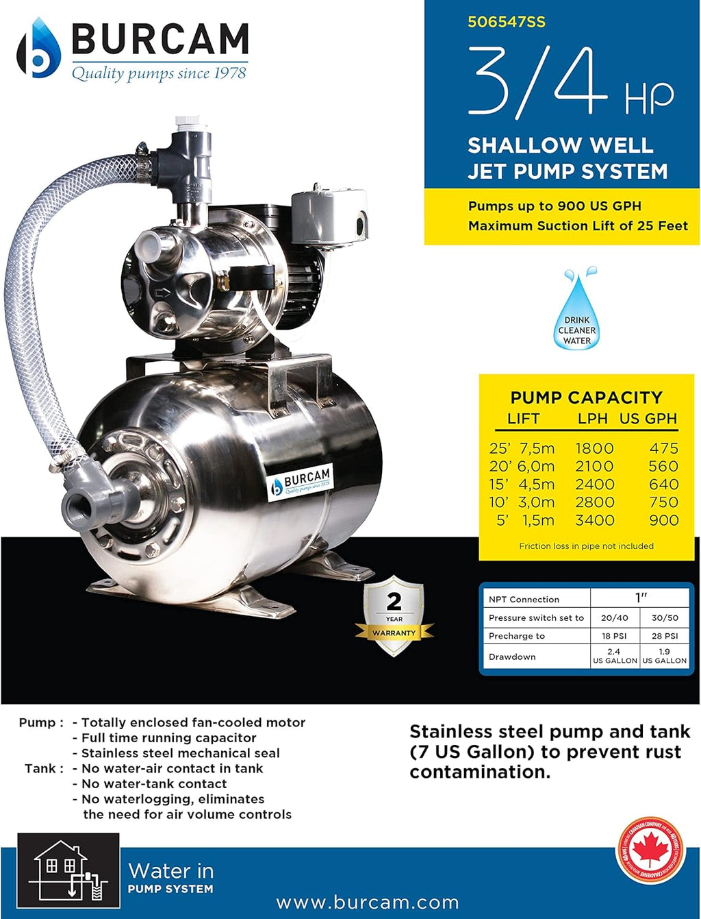 3/4HP Stainless Steel Shallow Well Jet Pump T261242