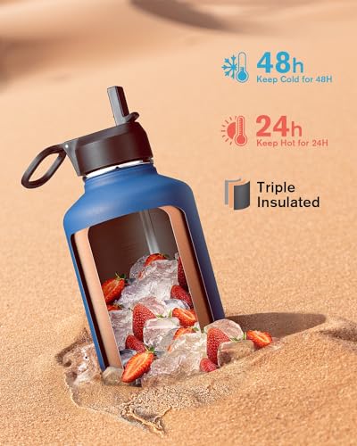 64 oz Insulated Stainless Steel Water Bottle with Straw & 3 Lids J2952