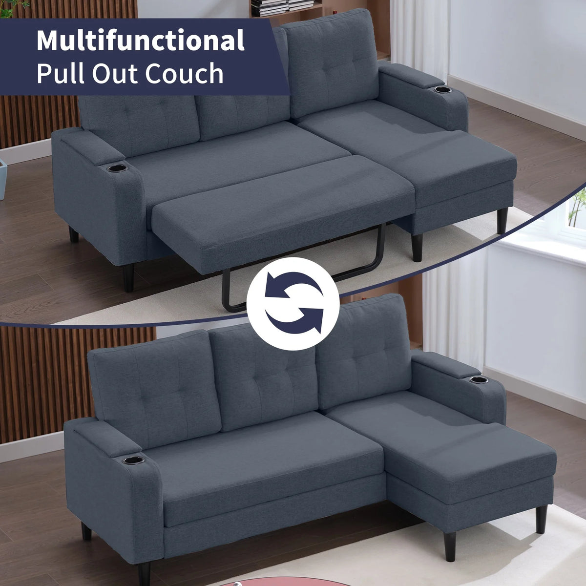 Dark Grey L-Shape Sleeper Sofa with Storage Armrest R769618