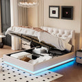 Queen Size Upholstered Lift Up Storage LED Bed with Tufted Headboard Beige Linen I42322