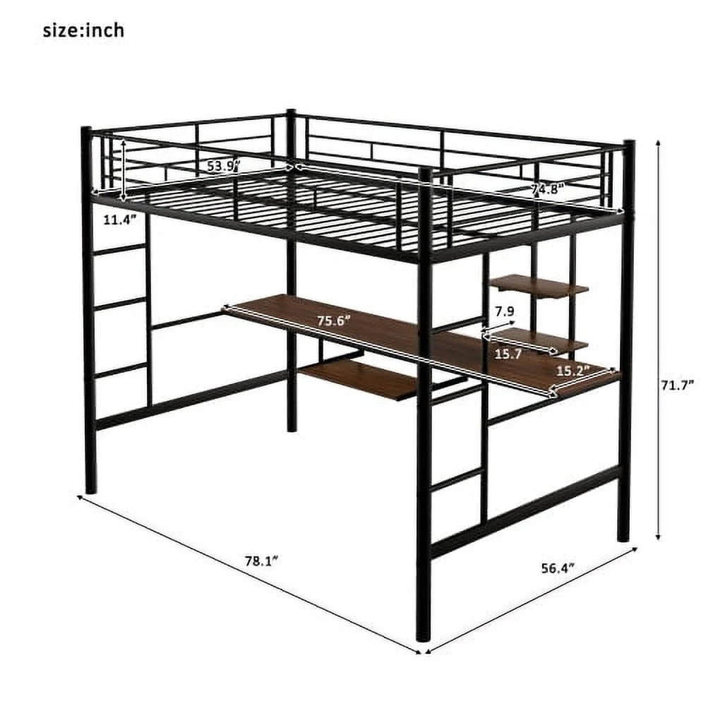 Full Black Loft Bed with Desk and Shelf E203