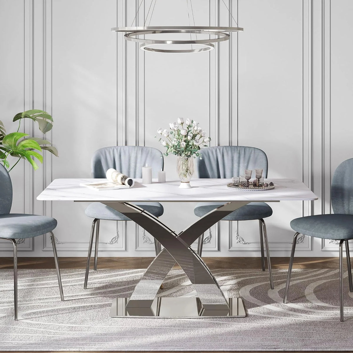 White Sintered Stone Dining Table for 6 with Stainless Steel Base G465219