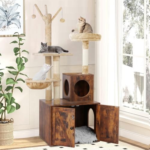 2-in-1 Wooden Cat Tree Tower with Litter Box Enclosure B998