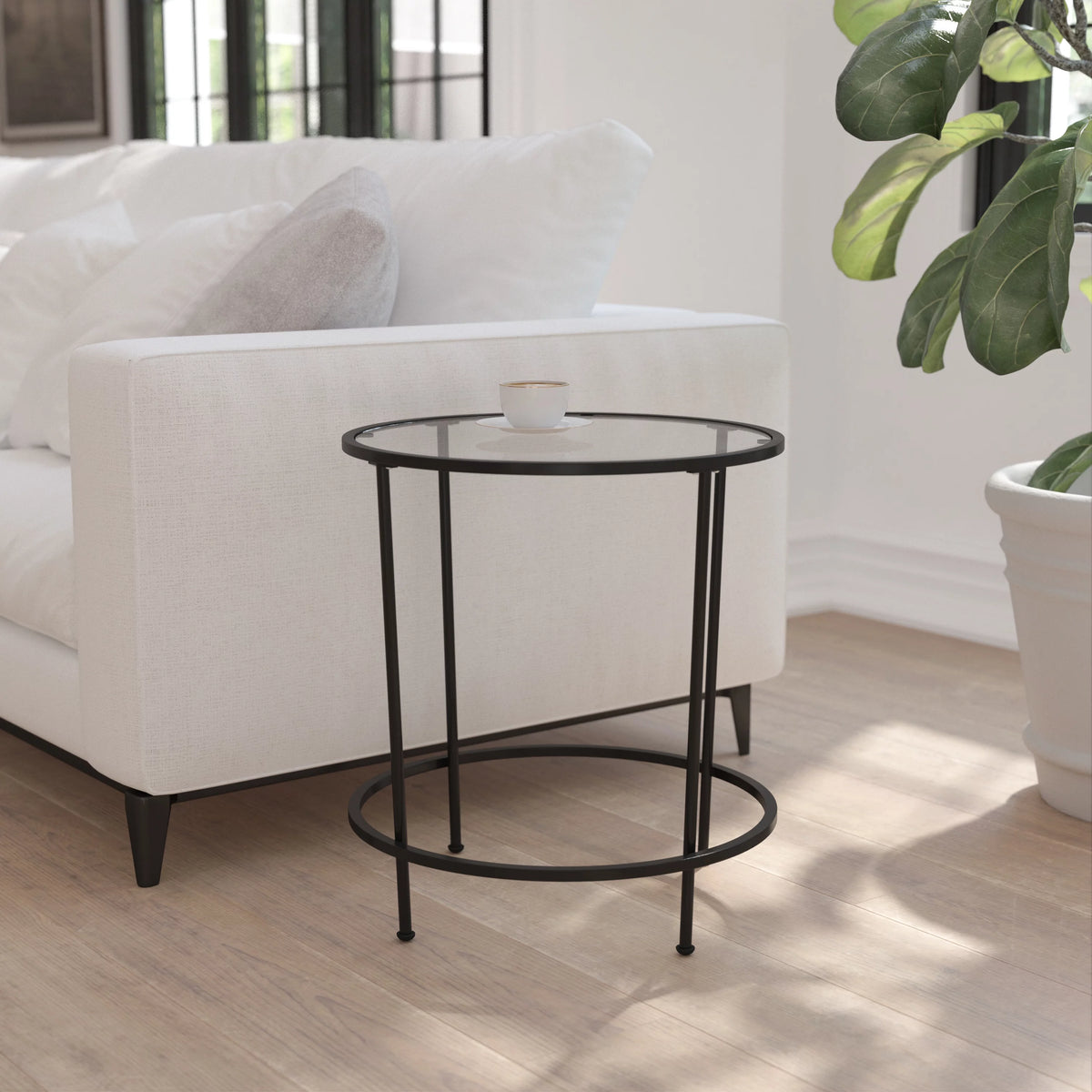 Round Glass End Table with Black Frame E78070