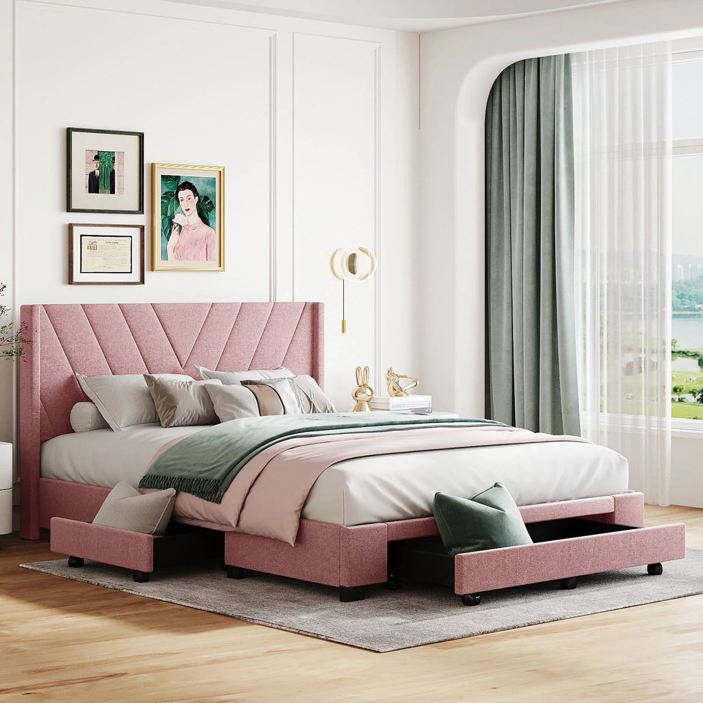 Queen Size Pink Linen Upholstered Platform Bed with 3 Storage Drawers Z18190