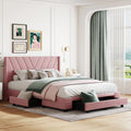 Queen Size Pink Linen Upholstered Platform Bed with 3 Storage Drawers Z18190