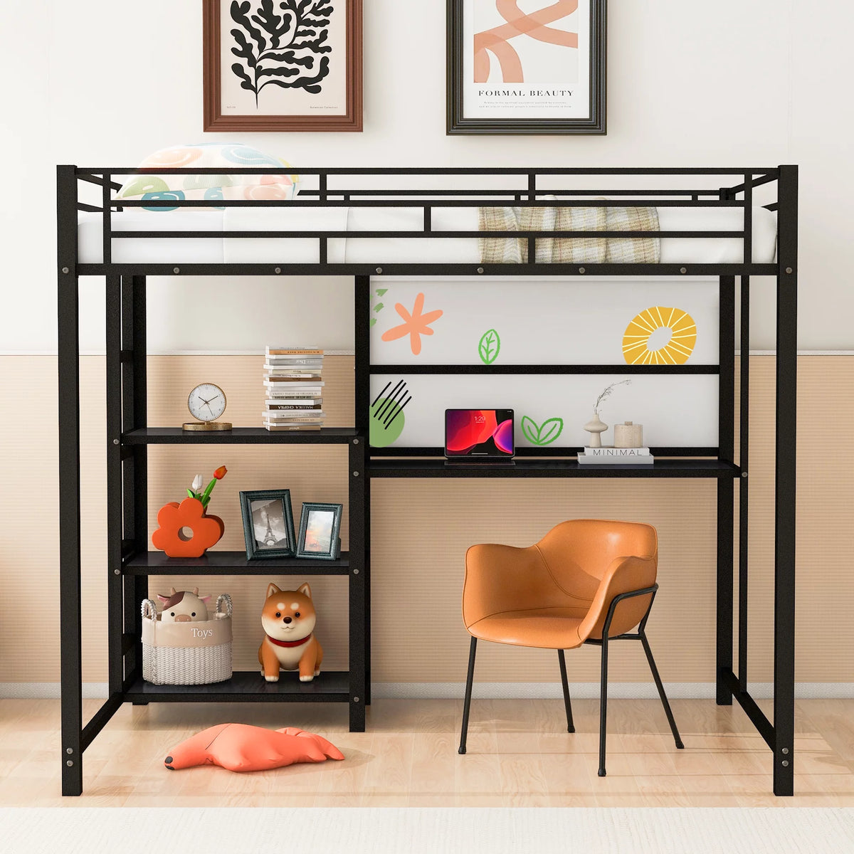 Full Size Black Metal Loft Bed with Desk and Whiteboard C523848