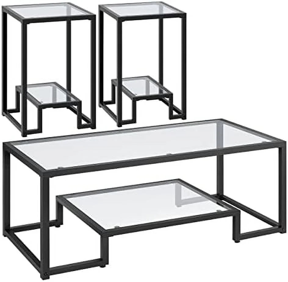 Tempered Glass Coffee Table Set of 3 Pieces Black R126