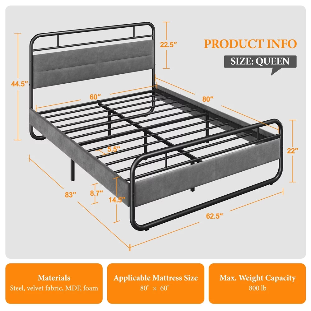 Queen Size Metal Platform Bed with Velvet Upholstered Headboard B812