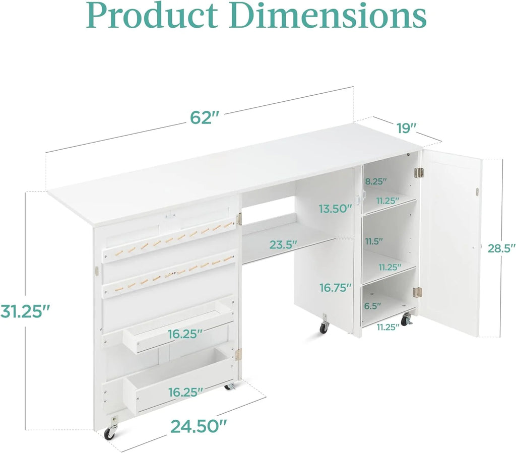 Large White Folding Sewing Table with Caster Wheels G21983