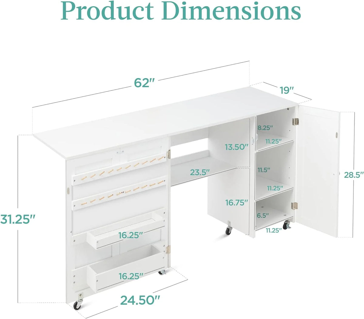 Large White Folding Sewing Table with Caster Wheels G21983