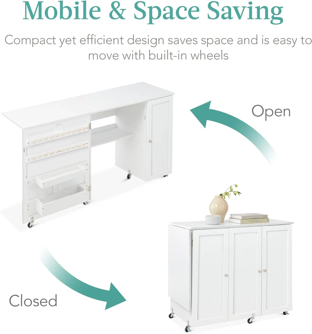 Large White Folding Sewing Table with Caster Wheels G21983