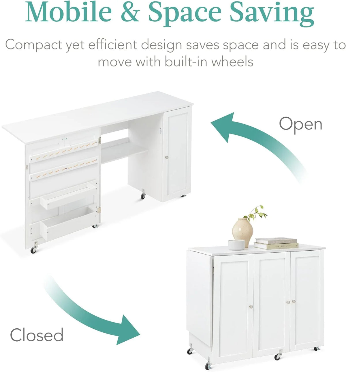 Large White Folding Sewing Table with Caster Wheels G21983