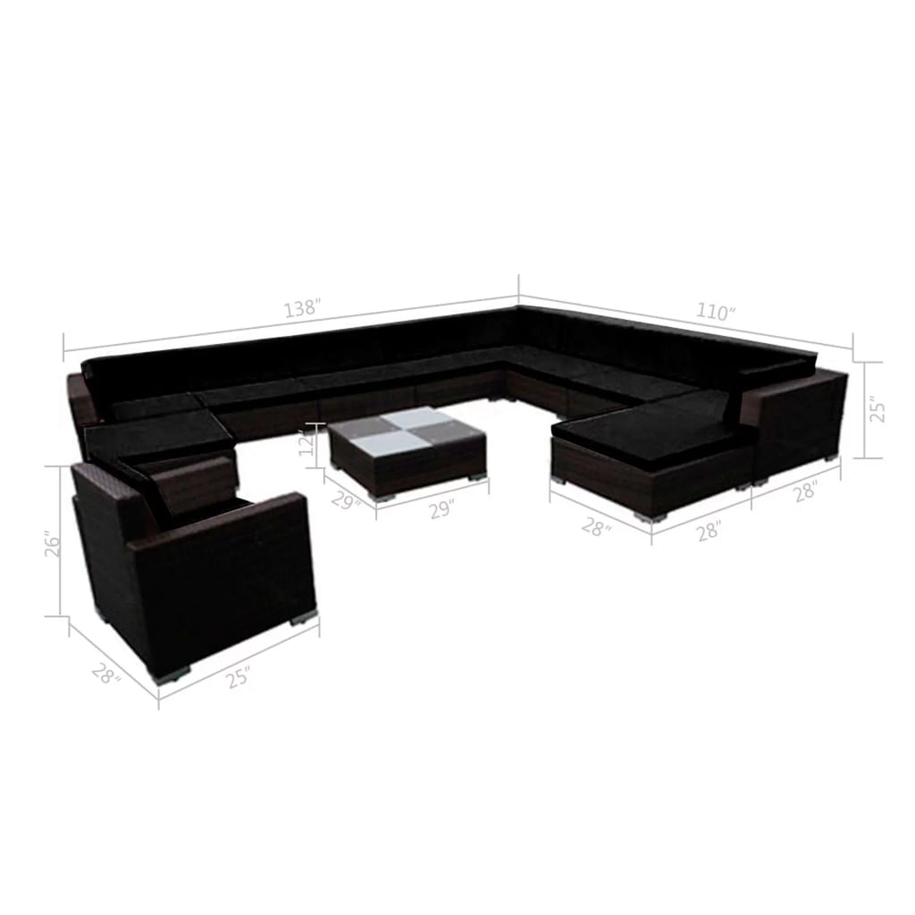 12 Piece Cushioned Patio Conversation Set with Ottomans and Tea Table Black Poly Rattan N3013