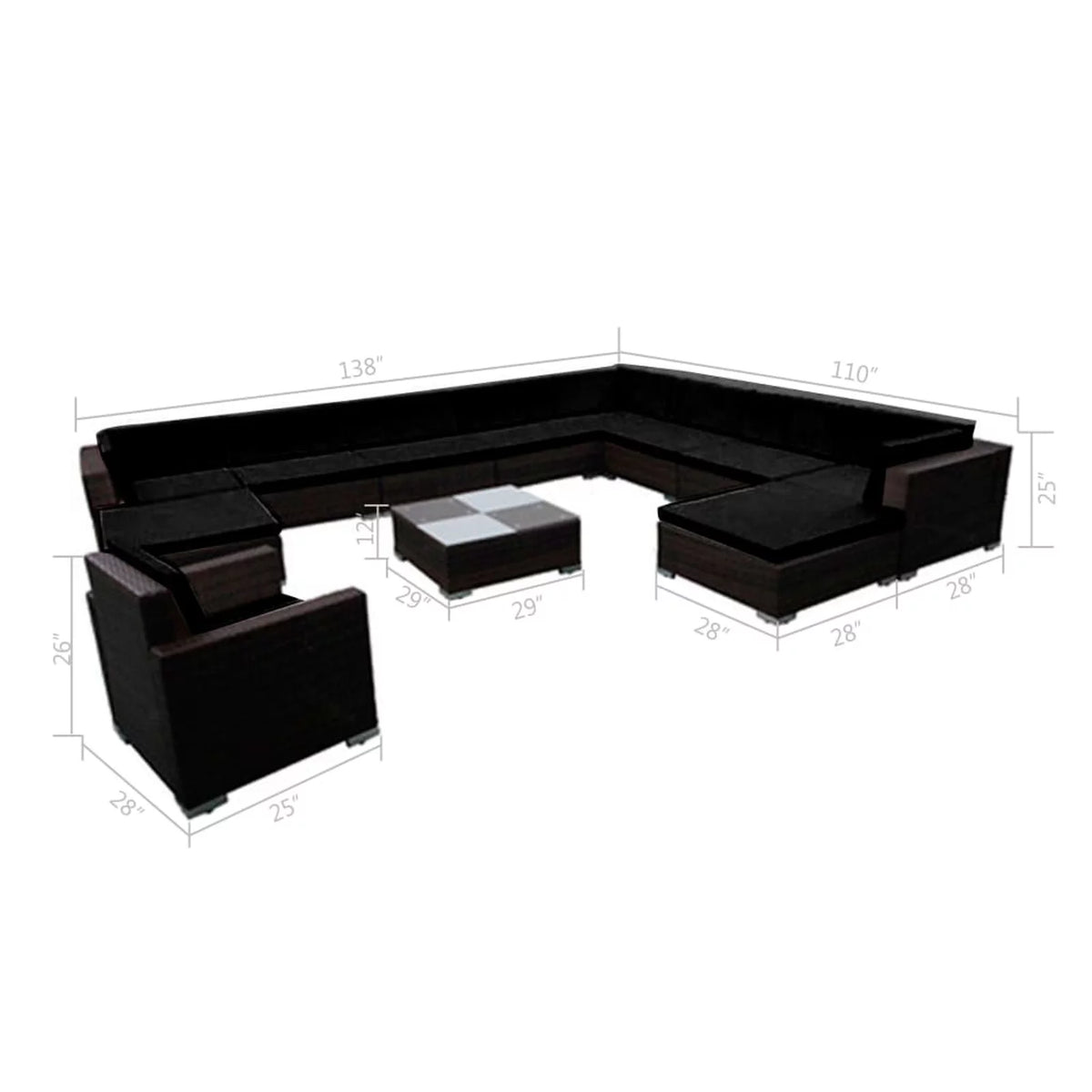 12 Piece Cushioned Patio Conversation Set with Ottomans and Tea Table Black Poly Rattan N3013