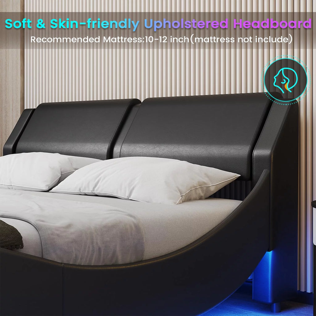 King Size Faux Leather Platform Bed Frame with Headboard and LED Lights C3901