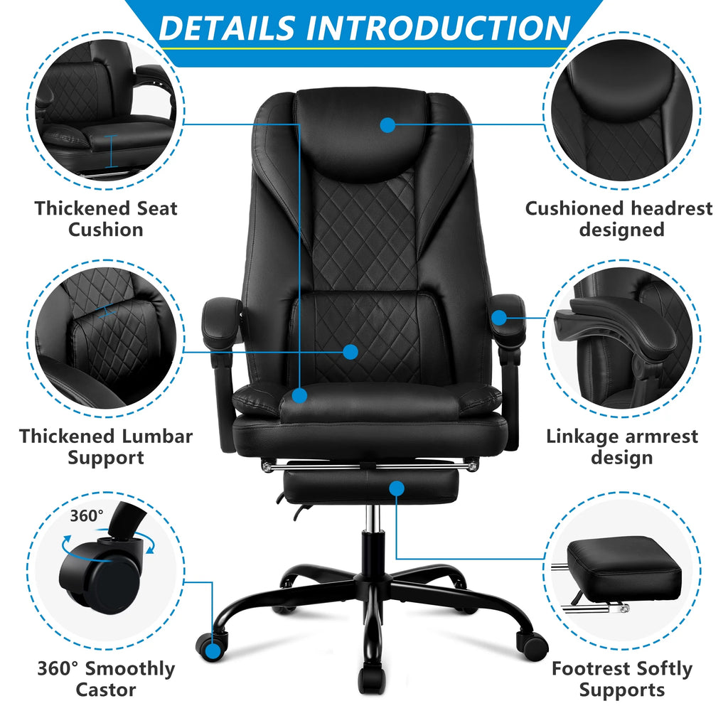 Big and Tall Black Leather Reclining Office Chair with Foot Rest M291
