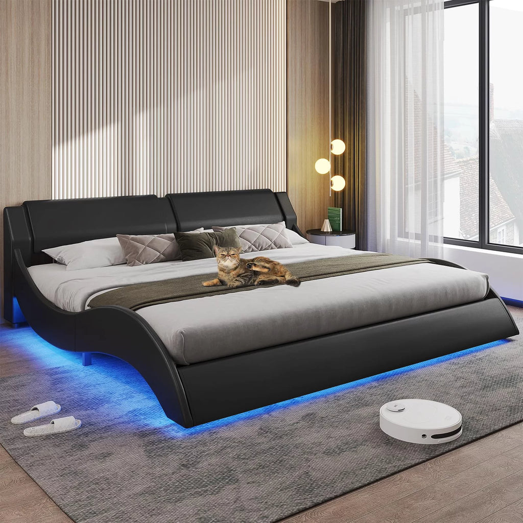 King Size Faux Leather Platform Bed Frame with Headboard and LED Lights C3901